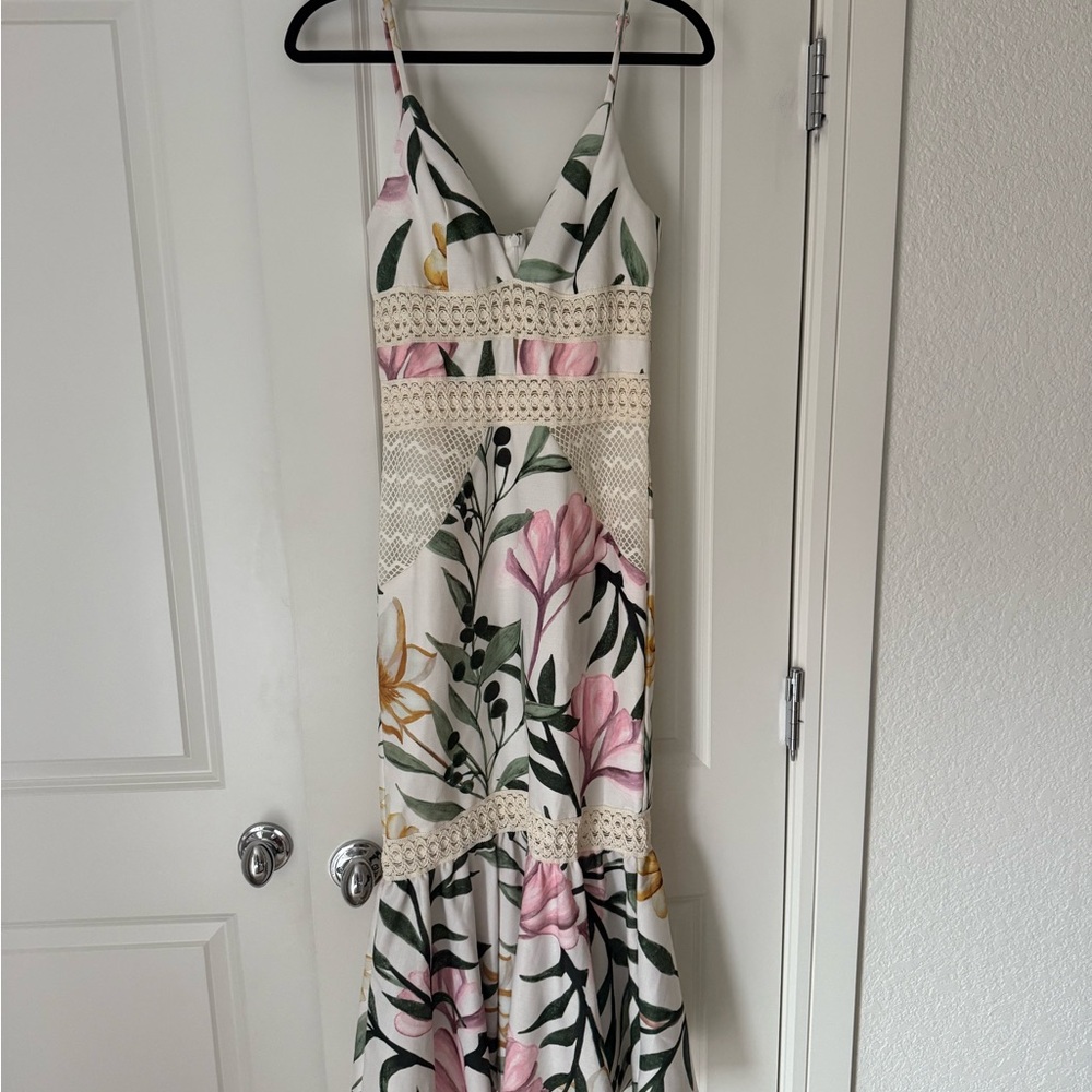 Pat Bo Elegant Floral Midi Dress with Crochet Details